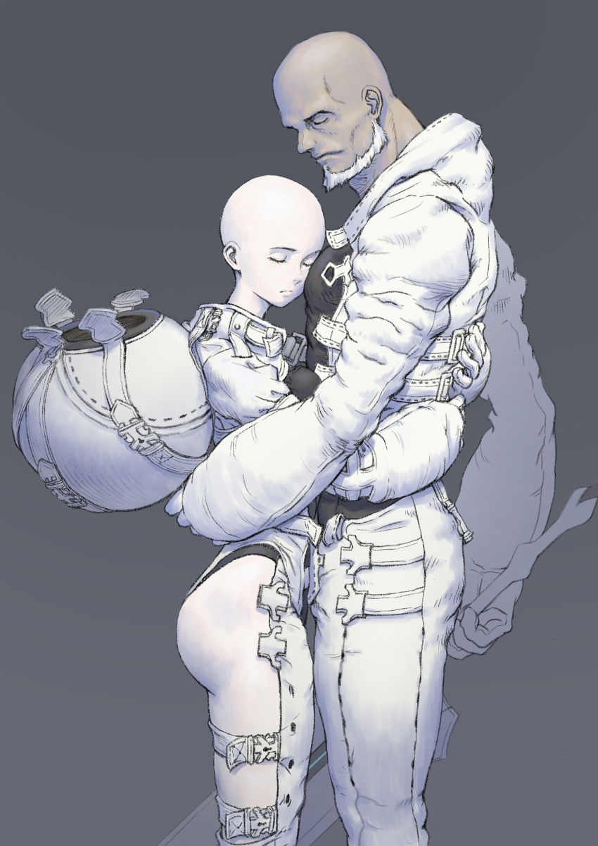 063y_(nier), bald, beard, belt, closed_eyes, dark-skinned_male, dark_skin, f66x_(nier), facial_hair, gloves, grey_background, headwear_removed, helmet, helmet_removed, highres, holding, holding_sword, holding_weapon, hug, nier_(series), nier_reincarnation, pale_skin, shinichi_kobe, standing, sword, weapon, white_gloves, white_hair