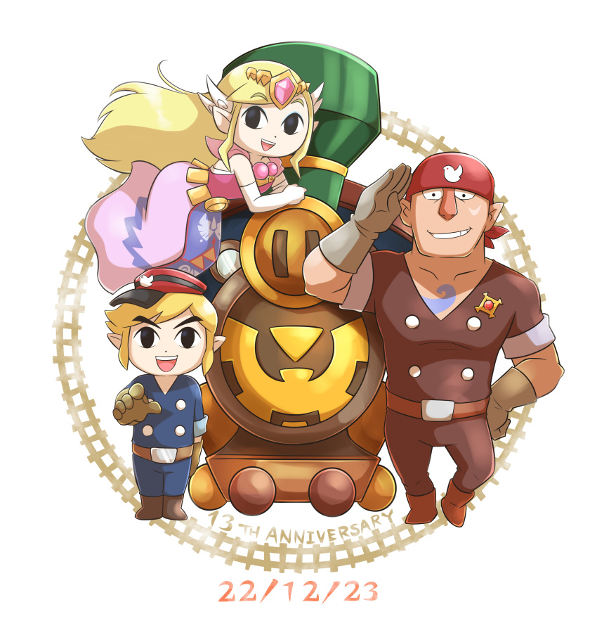 1girl, 2boys, :d, absurdres, alfonzo, anniversary, aogaeru_(pixiv46613656), bandana, bangs, belt, black_eyes, blonde_hair, blue_jacket, blue_pants, boots, brown_belt, brown_footwear, brown_gloves, brown_pants, brown_shirt, buttons, circlet, commentary_request, dated, double-breasted, dress, gem, gloves, grin, hand_up, hat, highres, jacket, link, locomotive, long_hair, looking_at_viewer, multiple_boys, open_mouth, pants, parted_bangs, pink_dress, pink_gemstone, pointy_ears, princess_zelda, red_bandana, red_headwear, salute, shirt, short_hair, short_sleeves, simple_background, sleeveless, sleeveless_dress, smile, standing, steam_locomotive, teeth, the_legend_of_zelda, the_legend_of_zelda:_spirit_tracks, toon_link, toon_zelda, upper_teeth_only, white_background