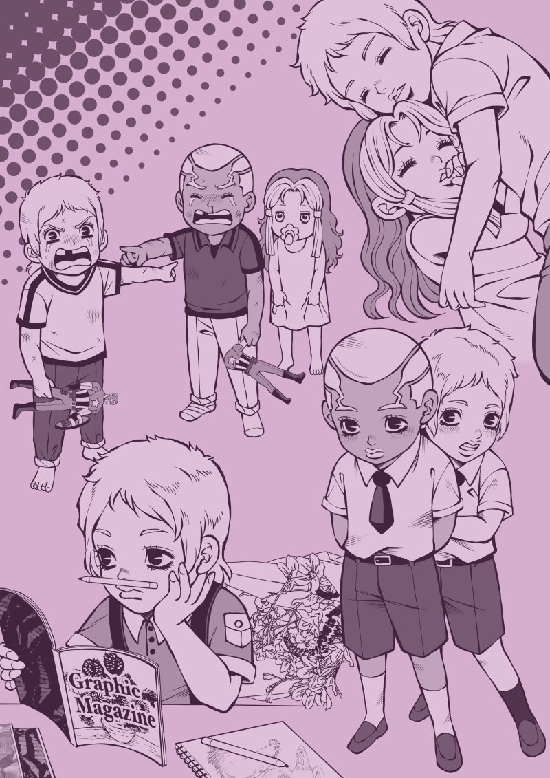 1girl, 2boys, action_figure, aged_down, blood, blush, brother_and_sister, brothers