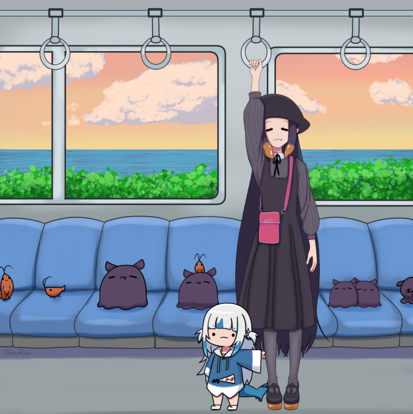 2girls, :3, =_=, animal_costume, arm_up, bag, bangs, beret