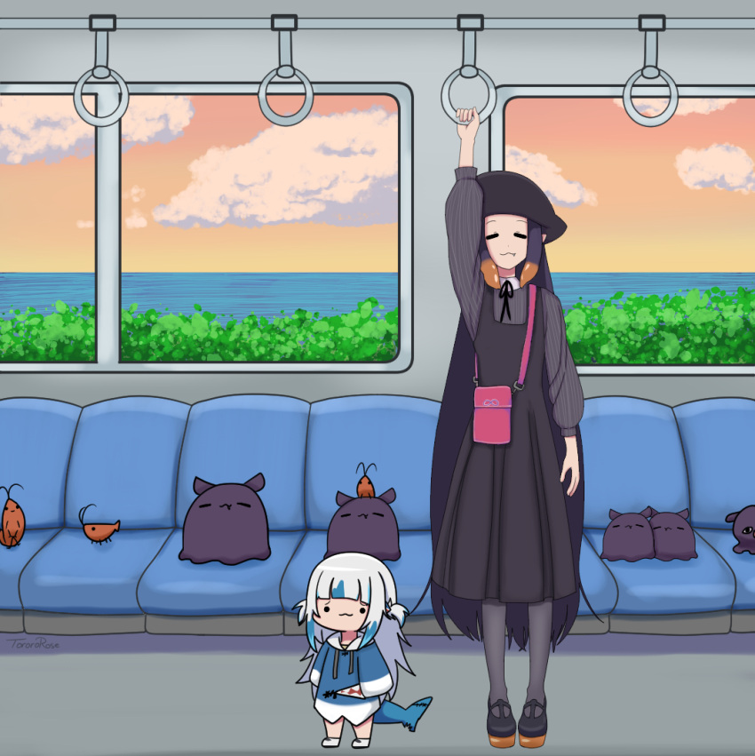 2girls, :3, =_=, animal_costume, arm_up, bag, bangs, beret