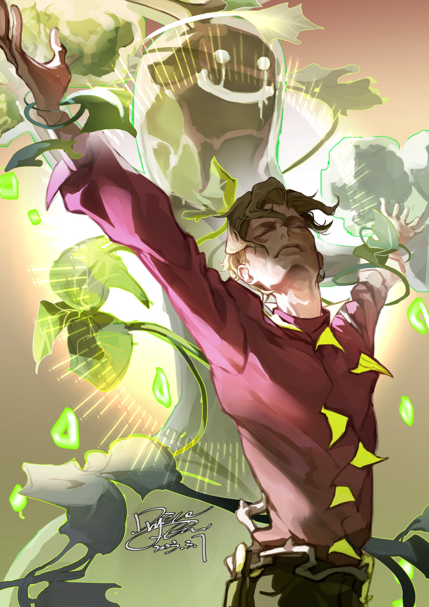 1boy, absurdres, arms_up, bangs, black_pants, brassius_(pokemon), closed_eyes, closed_mouth