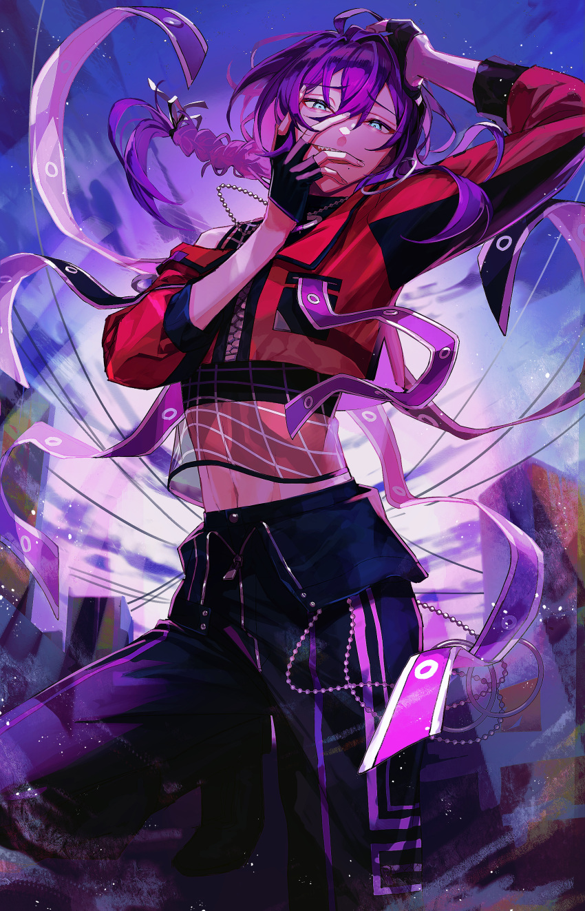 1boy, absurdres, androgynous, aqua_eyes, ayase_mayoi, black_gloves, black_pants, braid, crop_top, ensemble_stars!, fingerless_gloves, gloves, hair_ribbon, highres, iron_yana, jacket, long_hair, long_sleeves, looking_at_viewer, male_focus, mole, mole_under_mouth, open_mouth, pants, purple_hair, red_jacket, ribbon, sharp_teeth, smile, solo, teeth