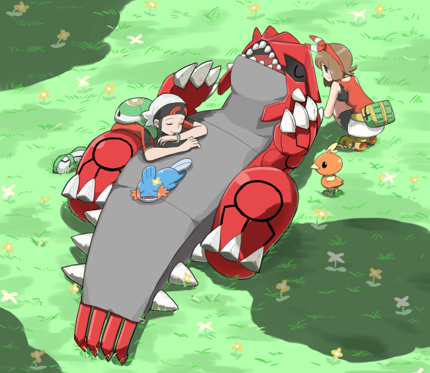 1boy, 1girl, baeming, beanie, bike_shorts, bow_hairband, bracelet, brendan_(pokemon)