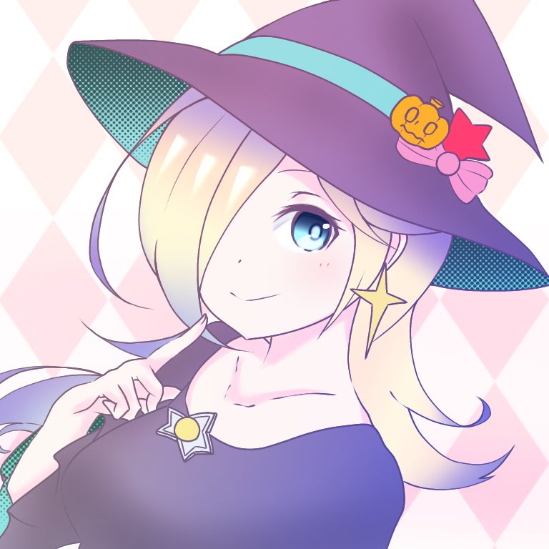 1girl, argyle, argyle_background, blonde_hair, blue_eyes, brooch, collarbone, dress