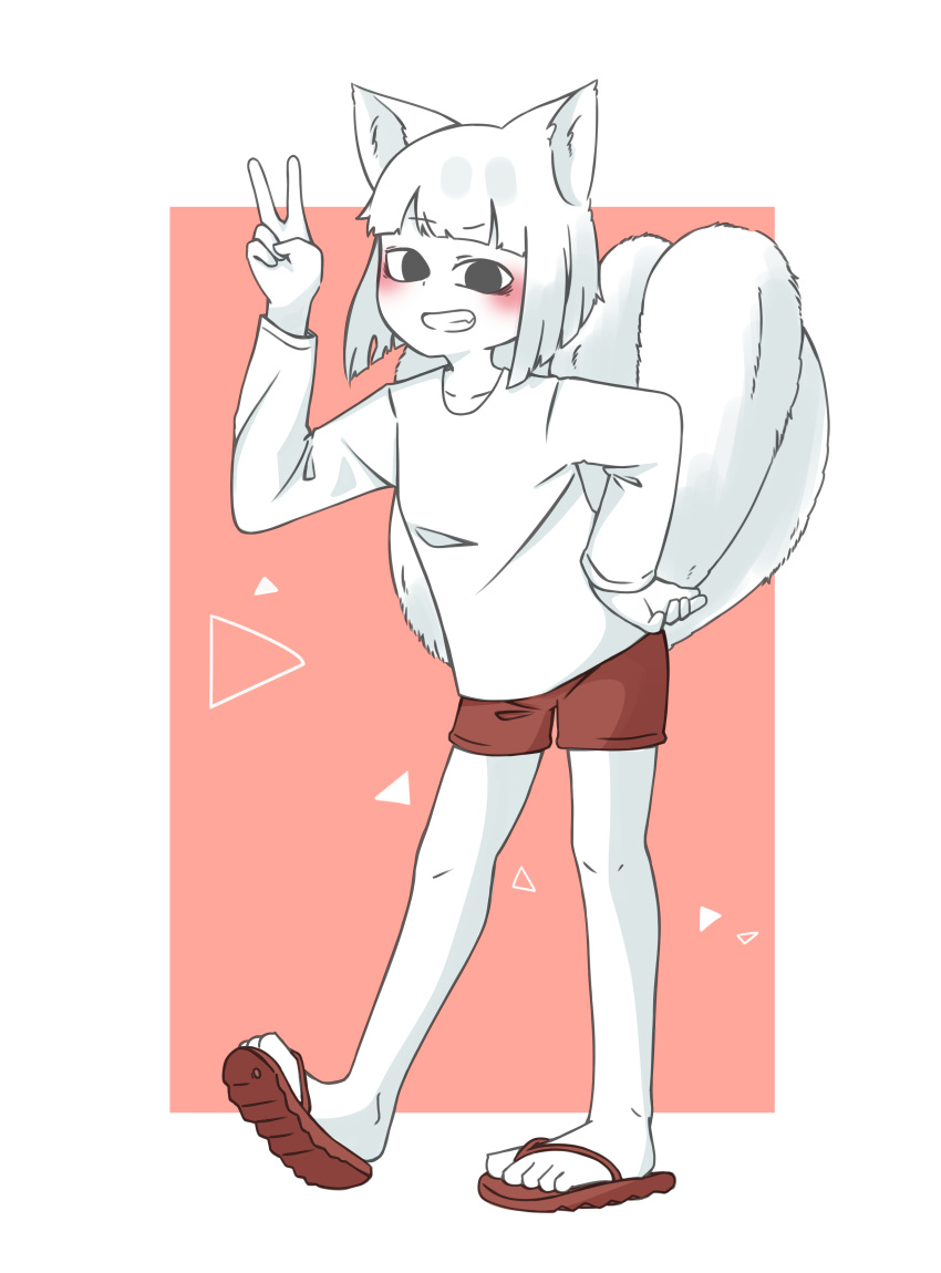 1girl, absurdres, animal_ears, arm_up, bangs, black_eyes, blunt_bangs, blunt_ends, blush, colored_skin, fei_ren_zai, fox_ears, fox_girl, fox_tail, full_body, goose_g3, hand_on_hip, highres, jiuyue_(fei_ren_zai), kyuubi, long_sleeves, looking_at_viewer, multiple_tails, red_footwear, red_shorts, sandals, shirt, short_hair, shorts, solo, standing, tail, triangle, v, white_shirt, white_skin, white_tail