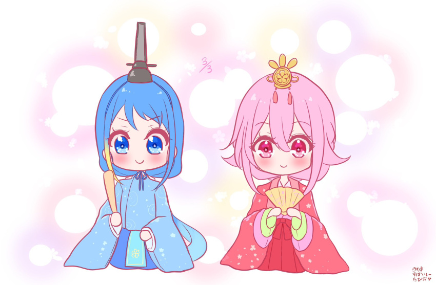 2girls, blue_eyes, blue_hair, dated, hand_fan, harusame_(kancolle), highres, hinamatsuri, kantai_collection, long_hair, looking_at_viewer, multiple_girls, pink_eyes, pink_hair, pista_land, samidare_(kancolle), smile, very_long_hair