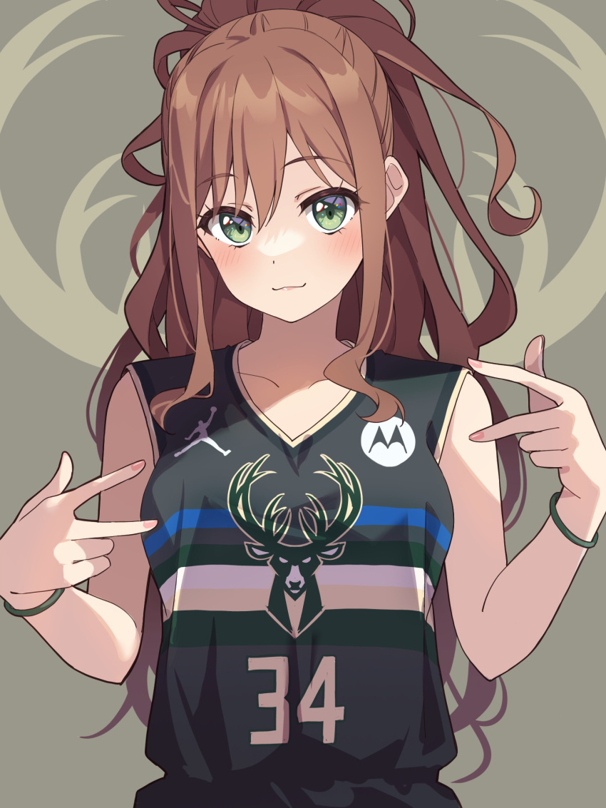 1girl, air_jordan, bang_dream!, basketball, blush, breasts, brown_hair, cosplay