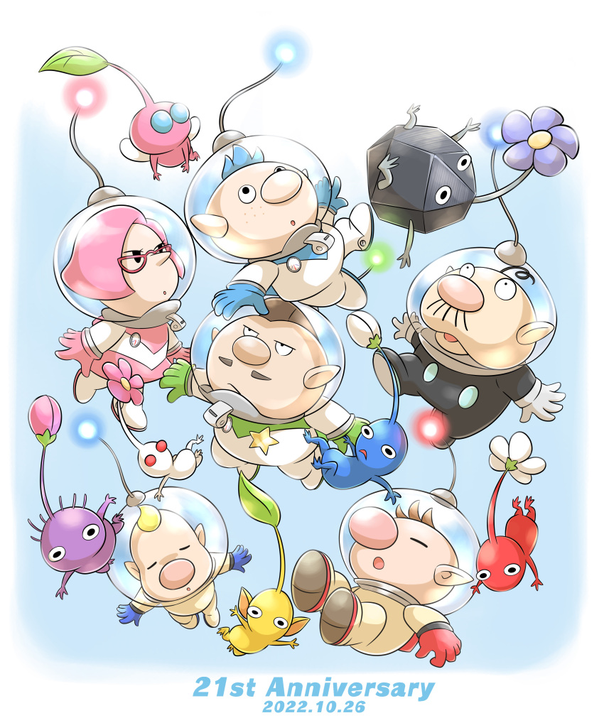 1girl, 5boys, :o, absurdres, alph_(pikmin), anniversary, aogaeru_(pixiv46613656), badge