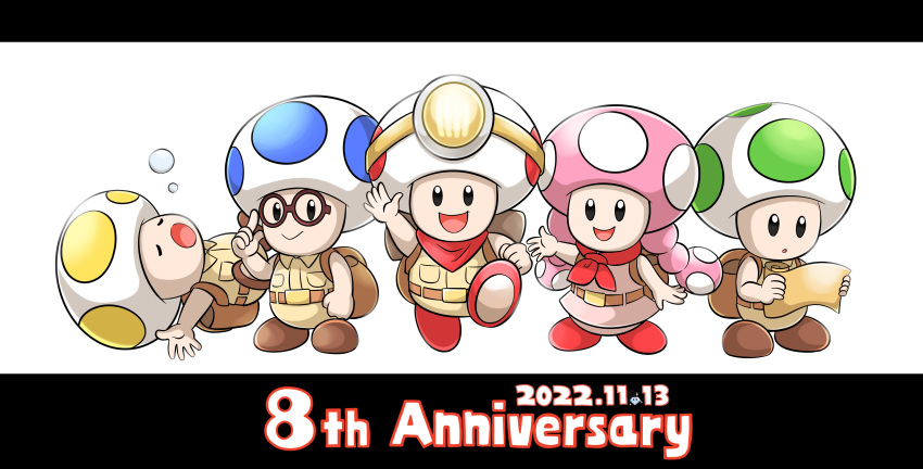 1girl, 4boys, :d, :o, absurdres, adjusting_eyewear, anniversary, aogaeru_(pixiv46613656)