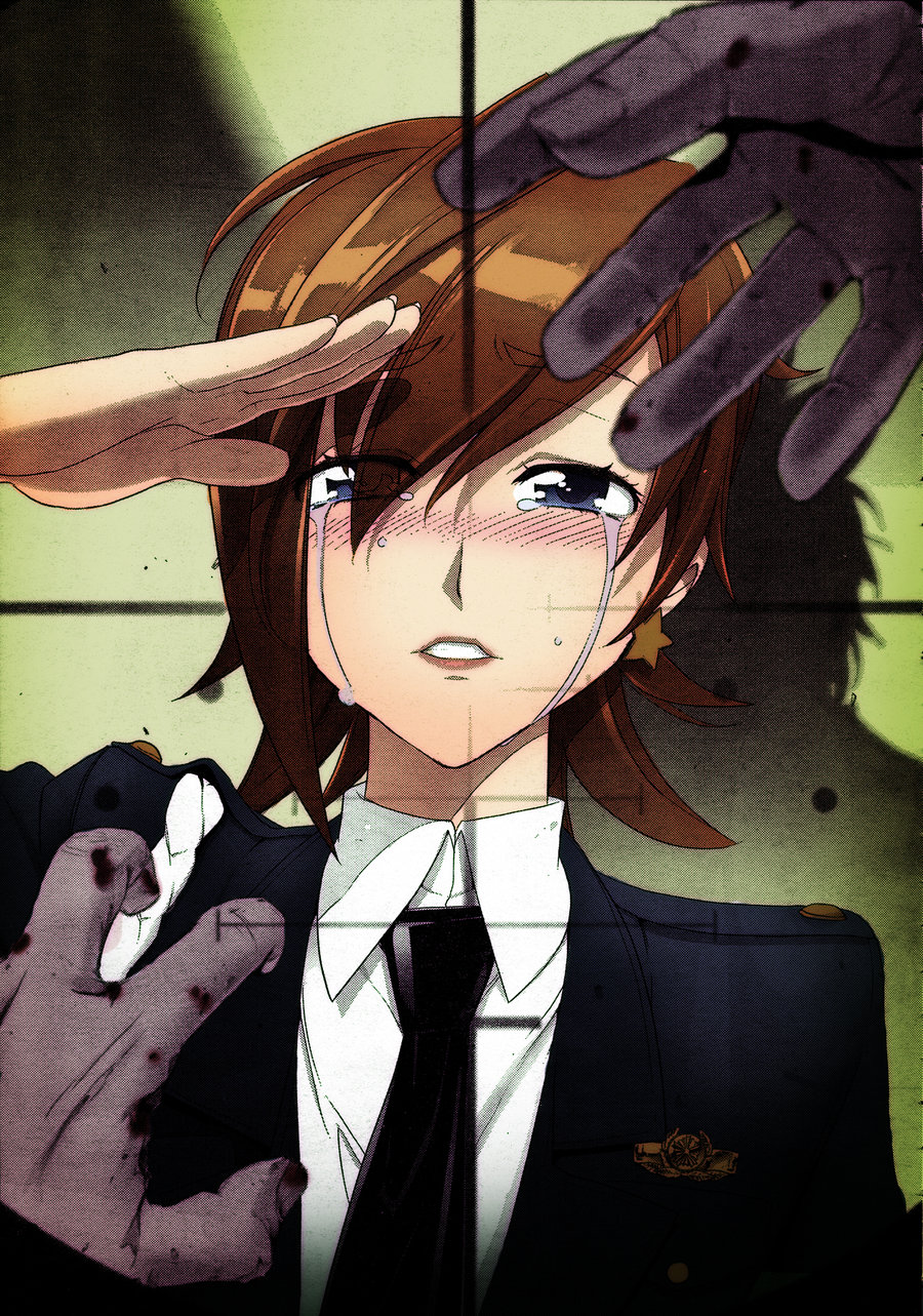 crosshair, highschool_of_the_dead, inazuma, nakaoka_asami, police, sad, salute, tears, zombie