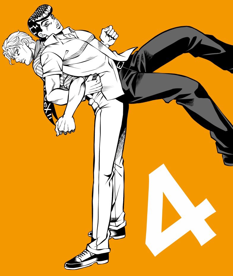 2boys, back-to-back, belt, closed_mouth, commentary_request, diamond_wa_kudakenai, exercise, full_body