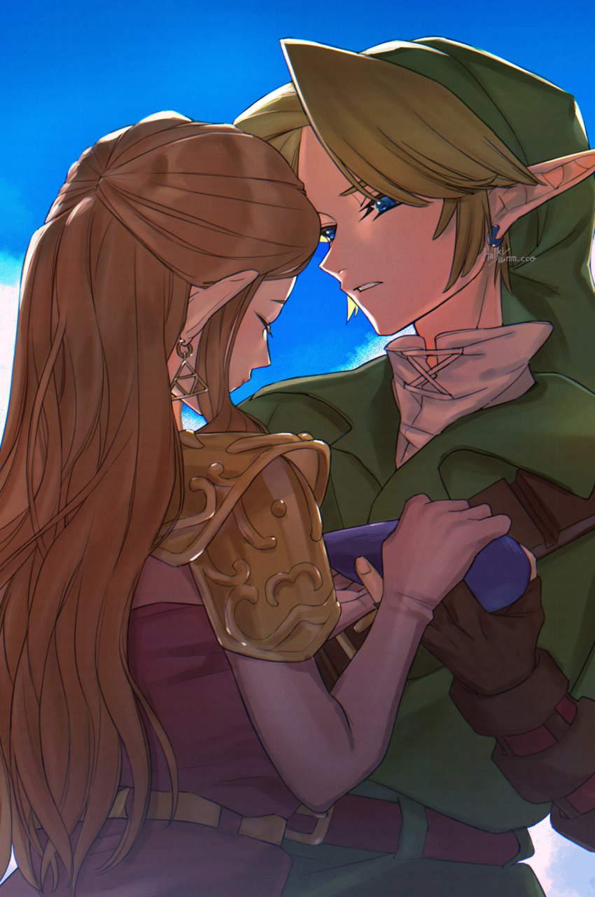 1boy, 1girl, armor, belt, belt_buckle, blonde_hair, blue_eyes, blue_sky