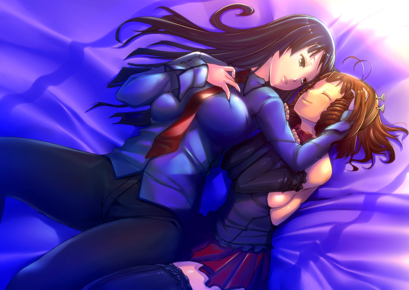 akiyama_mio, black_hair, breasts, brown_hair, closed_eyes, drill_hair, elbow_gloves, gloves