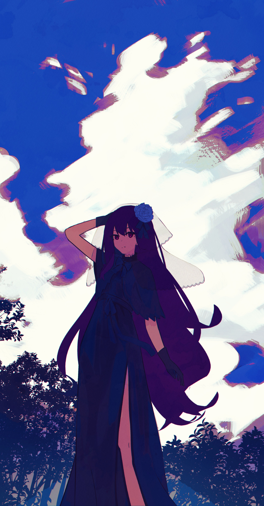 1girl, absurdres, arm_up, black_bow, black_capelet, black_dress, black_gloves, black_ribbon