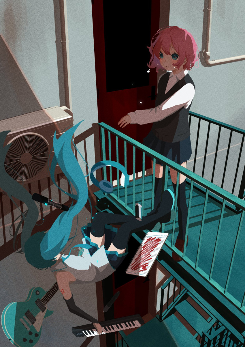 2girls, apartment, aqua_hair, aqua_necktie, balcony, bare_shoulders, black_skirt, black_sleeves