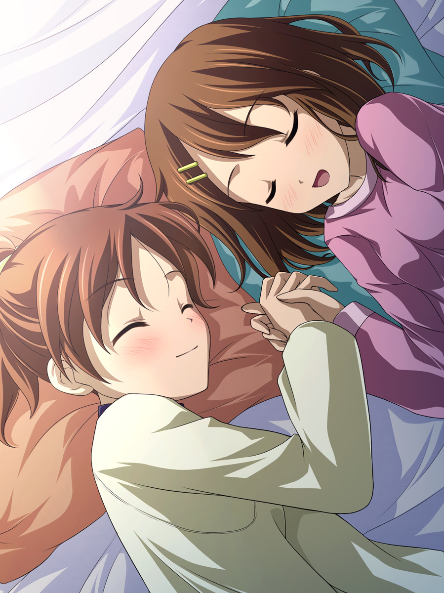 blush, brown_hair, hair_ornament, hairclip, hand_holding, happy, highres, hirasawa_ui