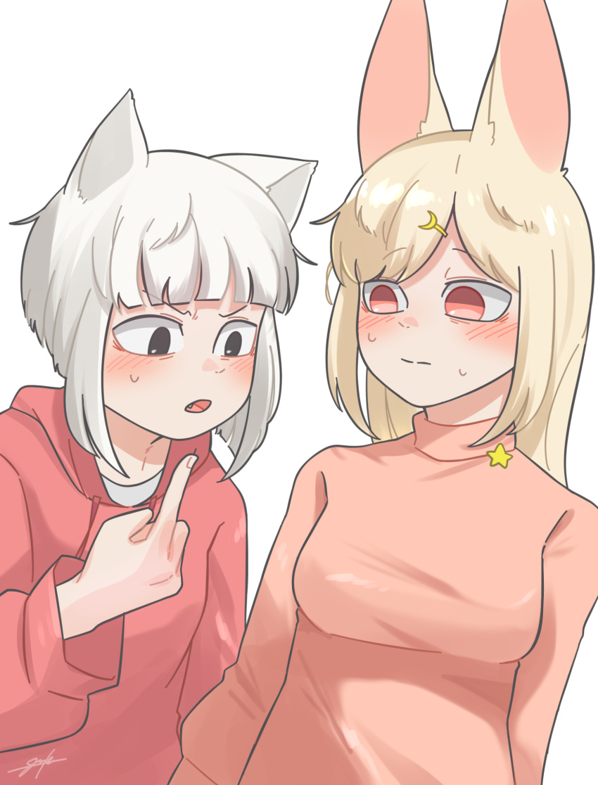 2girls, animal_ears, bangs, black_eyes, blonde_hair, blunt_bangs, blunt_ends, blush, breast_envy, breasts, fei_ren_zai, fox_ears, fox_girl, goose_g3, highres, hood, hoodie, jiuyue_(fei_ren_zai), long_sleeves, medium_breasts, multiple_girls, pink_eyes, pink_shirt, rabbit_ears, rabbit_girl, red_hoodie, shirt, short_hair, signature, simple_background, star_(symbol), sweat, white_background, white_hair, xiaoyu_(fei_ren_zai)
