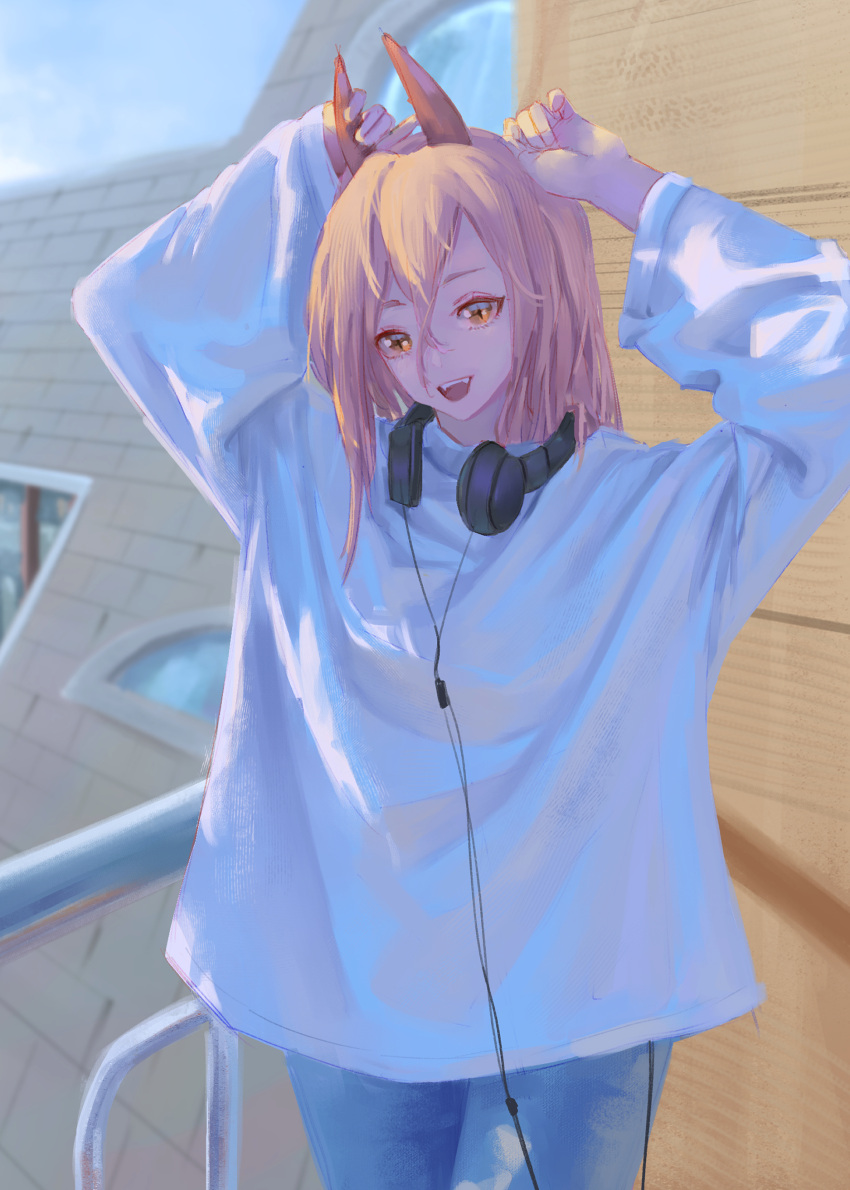 1girl, absurdres, blue_sky, denim, hair_between_eyes, highres, horns, jeans, ollysketch, open_mouth, pants, power_(chainsaw_man), rooftop, sharp_teeth, sky, solo, teeth