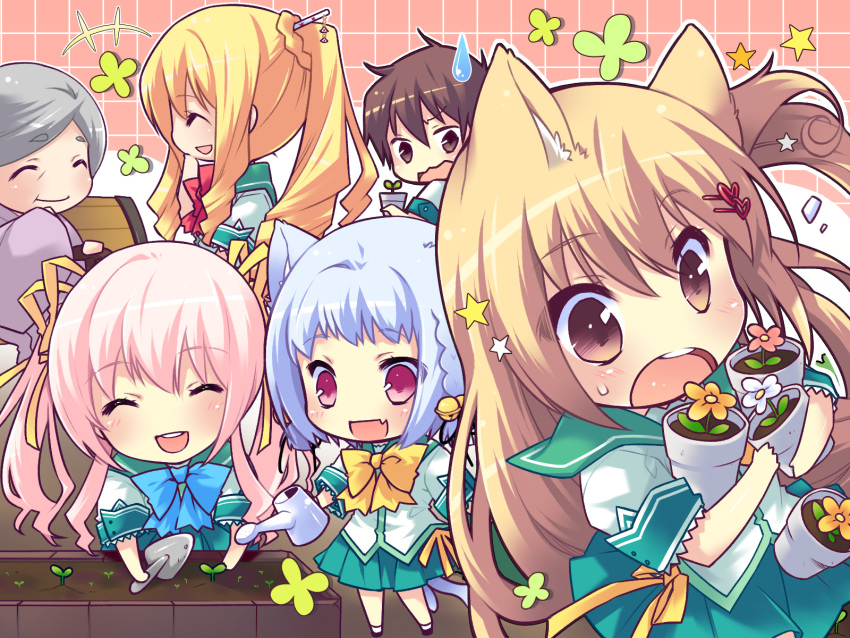 blonde_hair, brown_hair, catgirl, chibi, fang, flower, group, kiryu_hina