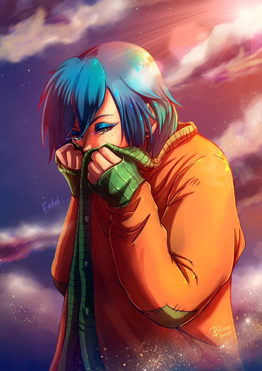 1girl, absurdres, artist_name, bangs, blookarot, blue_hair, blue_sky, clouds