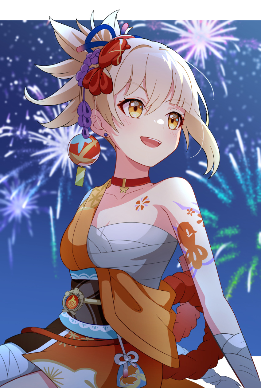 1girl, :d, absurdres, aerial_fireworks, arm_support, arm_triangle_choke, bandaged_arm, bandages, bangs, blurry, chest_tattoo, choker, collarbone, commentary_request, depth_of_field, ear_piercing, eyeshadow, fireworks, genshin_impact, hadanugi_dousa, hair_between_eyes, hair_ornament, highres, itsumiruka, japanese_clothes, light_brown_hair, long_hair, long_sleeves, looking_away, makeup, night, night_sky, obi, obiage, piercing, ponytail, pouch, rope, sarashi, sash, shimenawa, short_sleeves, sidelocks, sitting, sky, smile, solo, tattoo, vision_(genshin_impact), yellow_eyes, yoimiya_(genshin_impact)