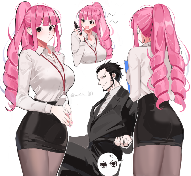 1boy, 1girl, alternate_costume, alternate_hairstyle, anger_vein, annoyed, bangs, beard