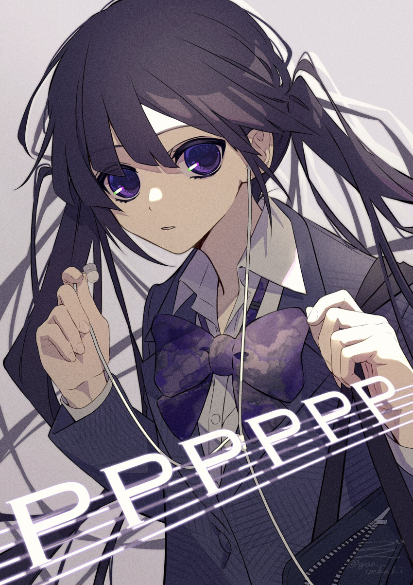 1girl, bag, blazer, bow, collared_shirt, copyright_name, earphones, furusu_ako, gon_oekaki, gradient_background, highres, instrument, jacket, long_hair, parted_lips, piano, pppppp, purple_hair, school_bag, school_uniform, shirt, single_earphone_removed, solo, twintails, twitter_username, violet_eyes