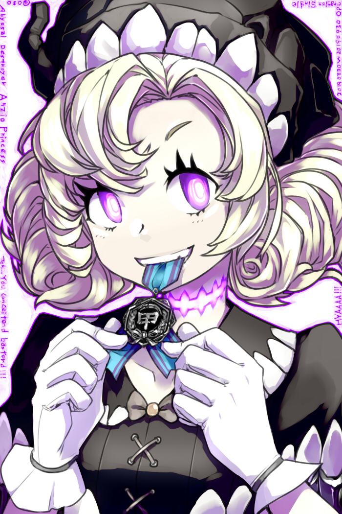 1girl, abyssal_ship, anzio_princess, biting, black_dress, black_headwear, character_name, colored_skin, dated, dress, gloves, hat, kantai_collection, looking_at_viewer, medal, oso_(toolate), pale_skin, scar, scar_on_neck, simple_background, solo, stitched_neck, stitches, upper_body, violet_eyes, white_background, white_gloves, white_hair, white_skin