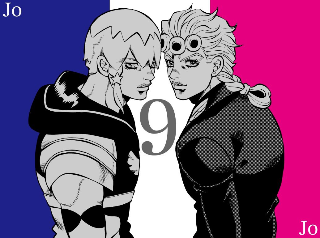 2boys, asymmetrical_hair, bangs, braid, commentary_request, giorno_giovanna, hair_ornament, hood