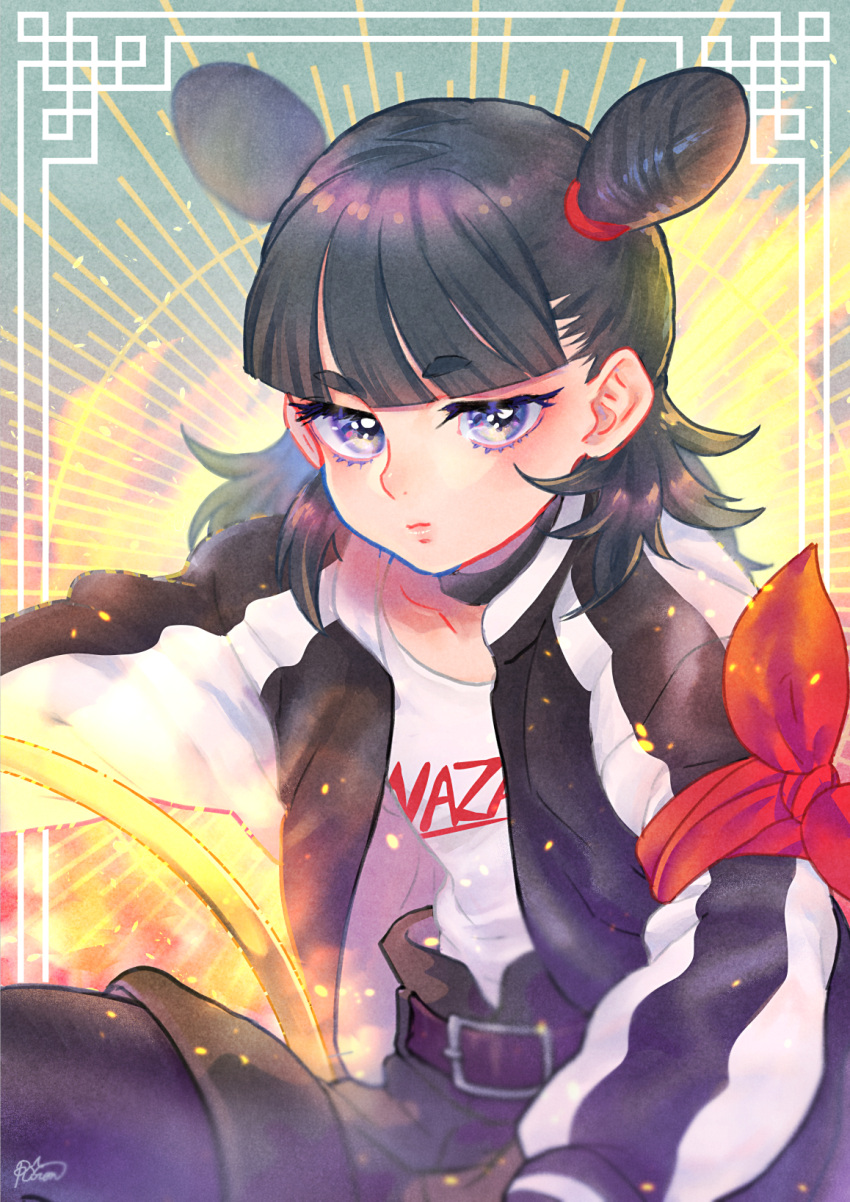 1boy, bangs, belt, black_belt, black_hair, black_jacket, blue_eyes, blunt_bangs
