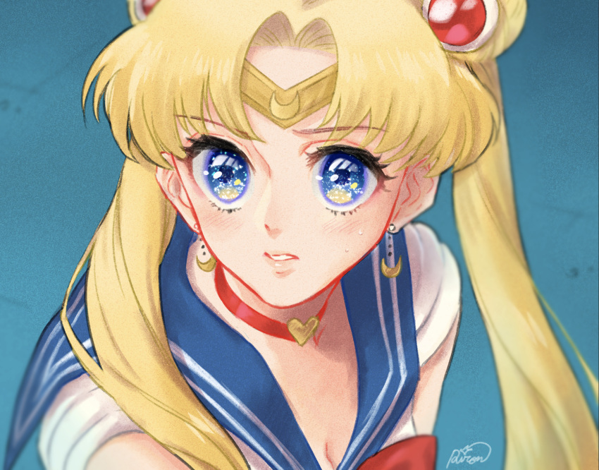 1girl, bangs, bishoujo_senshi_sailor_moon, blonde_hair, blue_eyes, blue_sailor_collar, choker, crescent