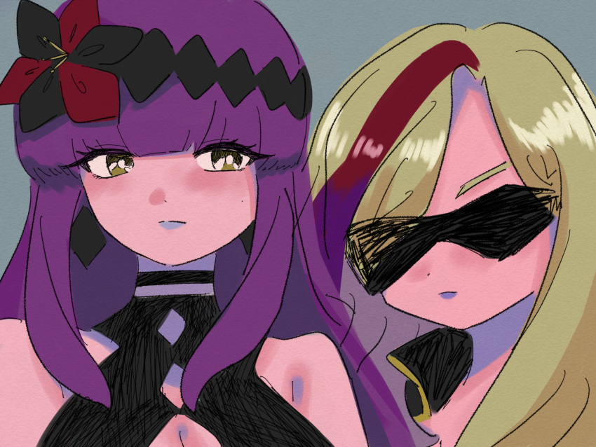 2girls, allegro120, bangs, blunt_bangs, bra, couple, cupless_bra, earrings