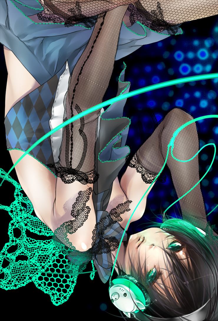 black_hair, didi_amen, elbow_gloves, fishnets, gloves, green_eyes, headphones, male