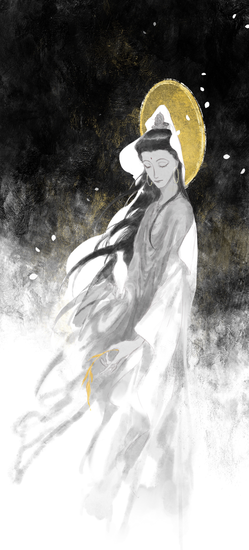 1boy, absurdres, amerland, black_hair, closed_eyes, earrings, expressionless, feet_out_of_frame, fei_ren_zai, guanyin_dashi_(fei_ren_zai), highres, hoop_earrings, jewelry, leaf, limited_palette, long_hair, robe, solo, white_robe