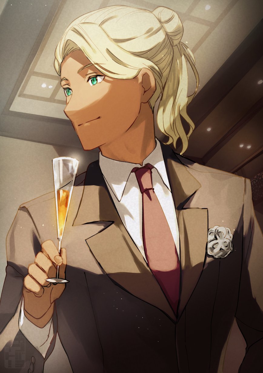 1boy, aqua_eyes, bangs, black_jacket, black_suit, blonde_hair, collared_shirt, cup