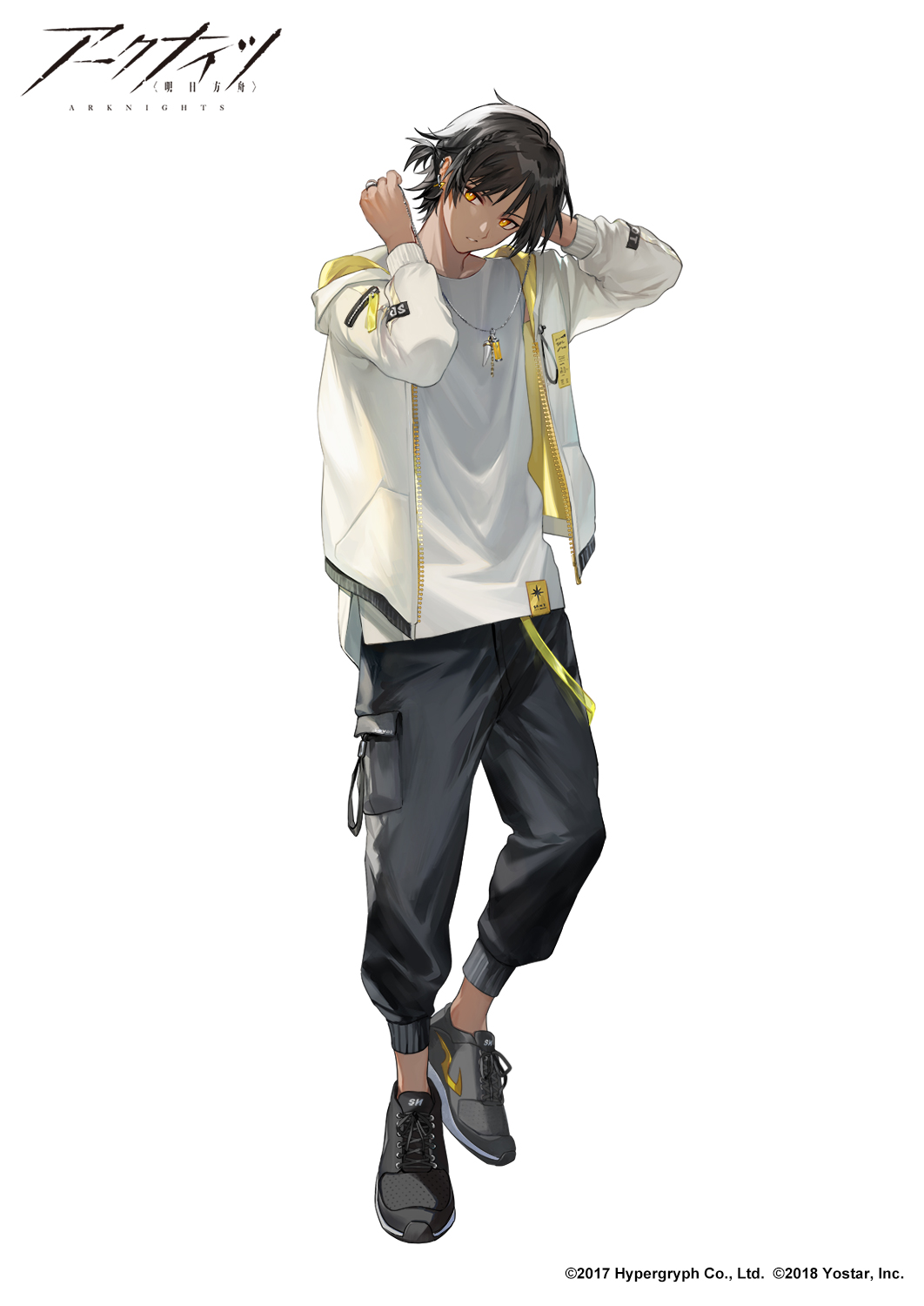 1boy, arknights, bangs, black_footwear, black_pants, braid, casual, copyright, copyright_name, dark-skinned_male, dark_skin, earclip, earrings, full_body, half_updo, highres, holding, holding_jewelry, holding_necklace, hood, hood_down, hooded_jacket, hou_(ppo), jacket, jewelry, looking_at_viewer, male_focus, necklace, official_art, open_clothes, open_jacket, orange_eyes, pants, parted_bangs, parted_lips, pendant, shirt, shoes, short_hair, short_ponytail, side_braid, simple_background, sneakers, solo, standing, thorns_(arknights), white_background, white_jacket, white_shirt, zipper