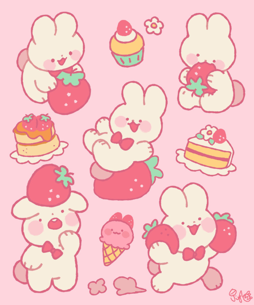 :3, :o, blush_stickers, bow, bowtie, chibi, commentary, cream, cupcake, eating, english_commentary, flower, food, food_focus, fruit, full_body, happy, highres, holding, holding_food, holding_fruit, ice_cream, ice_cream_cone, jinglebunns, no_humans, open_mouth, original, pink_background, pink_bow, pink_bowtie, pink_flower, pink_theme, rabbit, signature, simple_background, smile, strawberry, teeth, upper_teeth_only, white_rabbit_(animal)