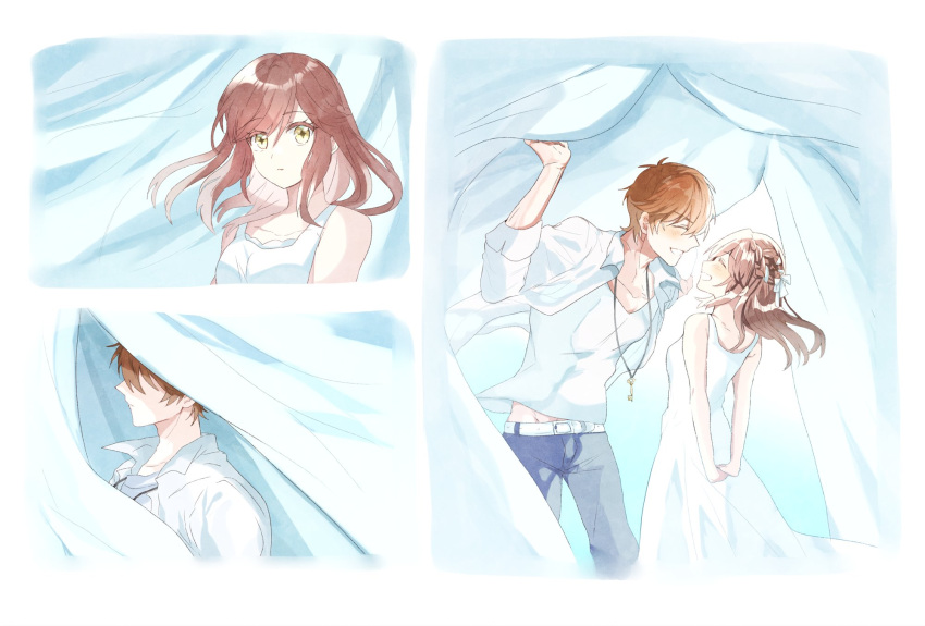 1boy, 1girl, :d, bangs, bare_shoulders, belt, blue_pants, brown_hair