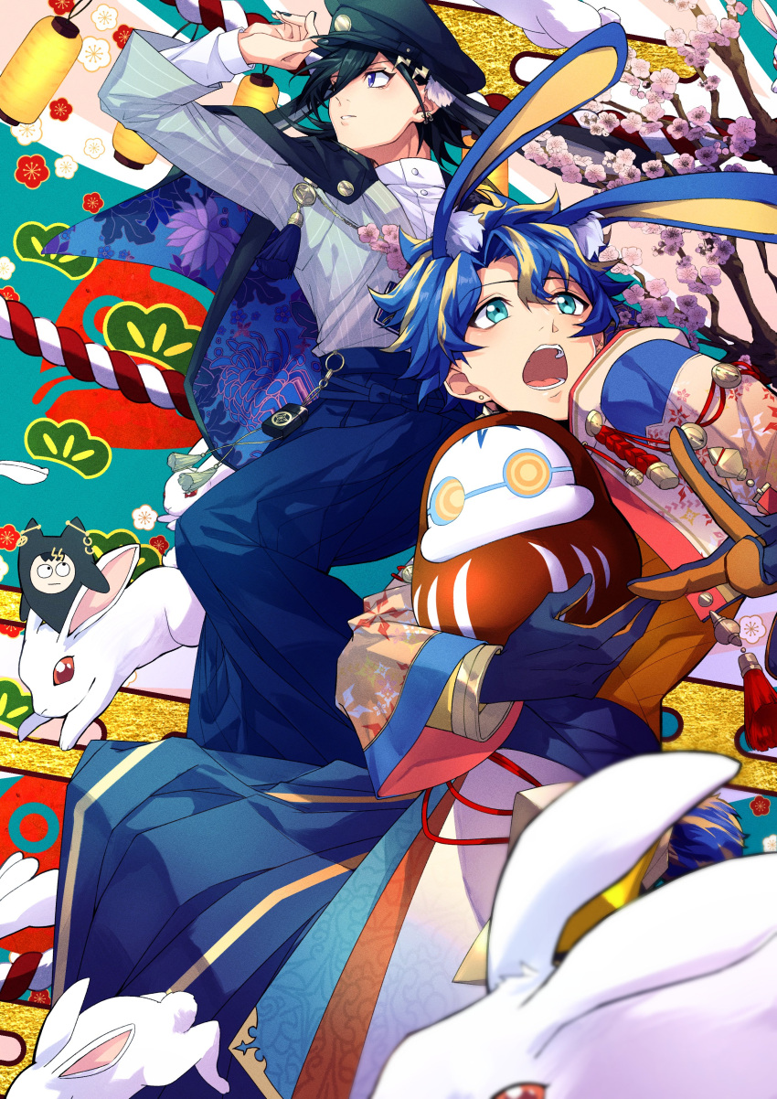 2boys, absurdres, akaie11, animal_ears, aqua_background, astel_leda, black_cape, black_hair