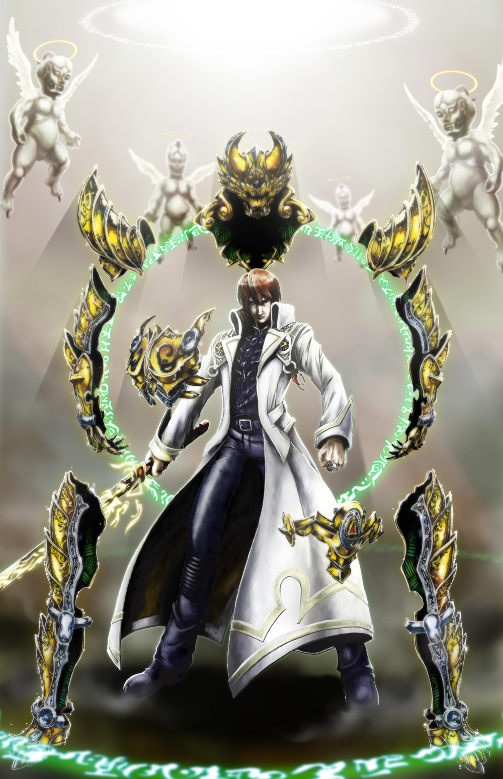 1boy, angel, armor, black_shirt, brown_hair, coat, full_body, garo, garo_(series), highres, holding, holding_sword, holding_weapon, kuroda_asaki, open_clothes, open_coat, ring_light, saejima_kouga, shirt, sword, tokusatsu, weapon, white_coat