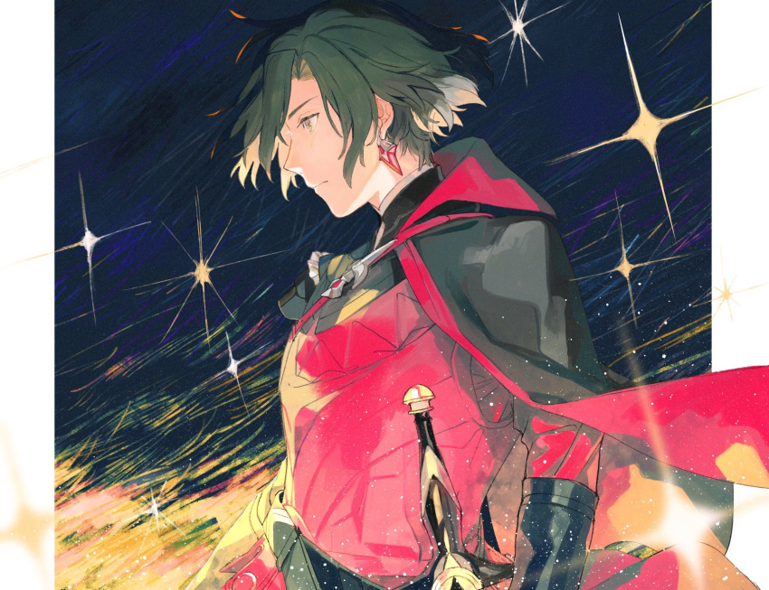 1boy, armor, black_cape, black_gloves, black_hair, blue_background, cape, closed_mouth