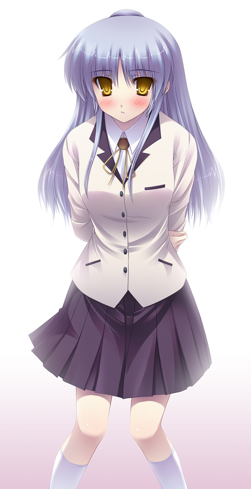 angel_beats!, blazer, blush, long_hair, ribbon, sakai_sakae, school_uniform, silver_hair, skirt, solo, tachibana_kanade, tachibana_kanade, yellow_eyes