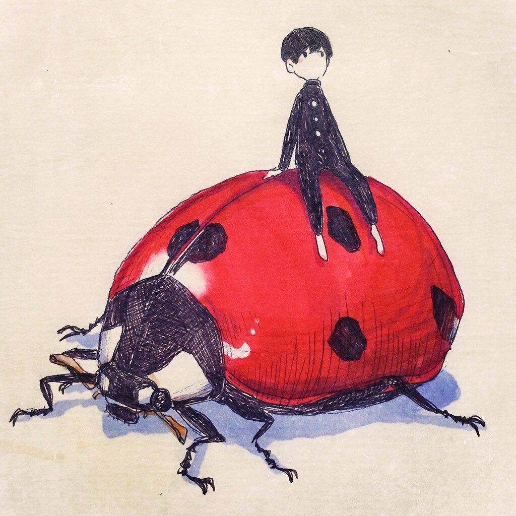 1boy, arm_support, bangs, barefoot, black_hair, black_jacket, black_pants, bug, buttons, jacket, ladybug, long_sleeves, male_focus, miniboy, original, pants, riding, short_hair, simple_background, sitting, solo, tokunaga_aoi, traditional_media, white_background