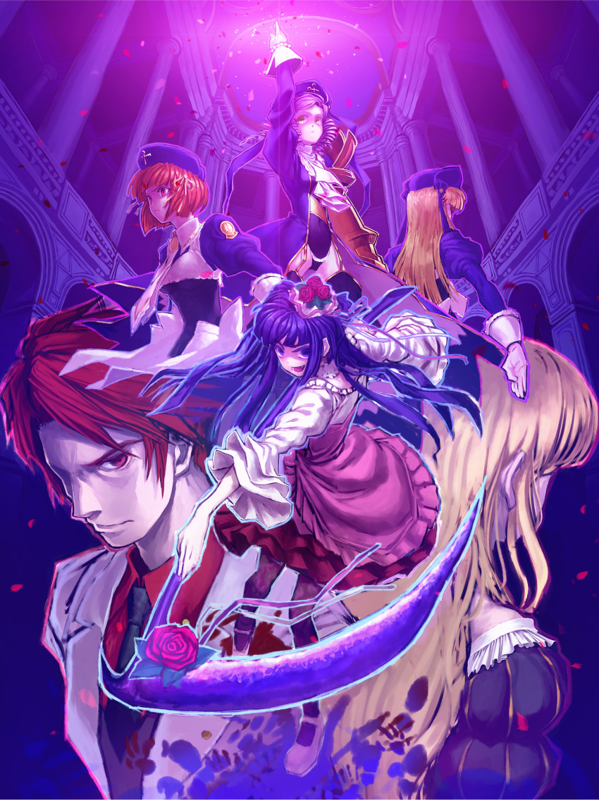 black_legwear, black_thighhighs, blonde_hair, blue_eyes, blue_hair, brown_hair, cornelia_(umineko), dlanor_a_knox