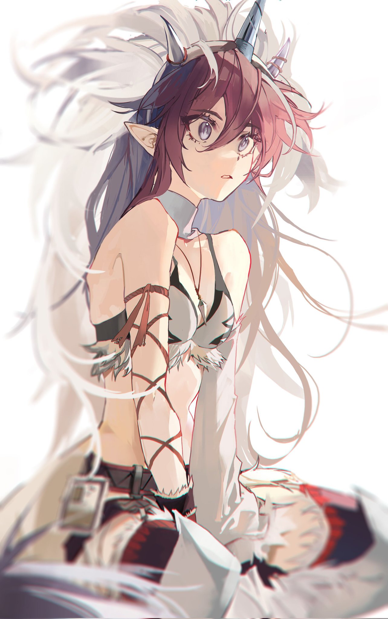 1girl, arknights, bangs, bare_shoulders, belt, black_belt, blue_eyes, brown_hair, commentary_request, crop_top, fake_horns, fur_trim, hair_between_eyes, highres, horns, ikag, kirin_(armor), kirin_x_yato_(arknights), long_hair, midriff, monster_hunter_(series), parted_lips, pointy_ears, signoizer_(viteoria), simple_background, sitting, solo, stomach, very_long_hair, white_background, yato_(arknights)