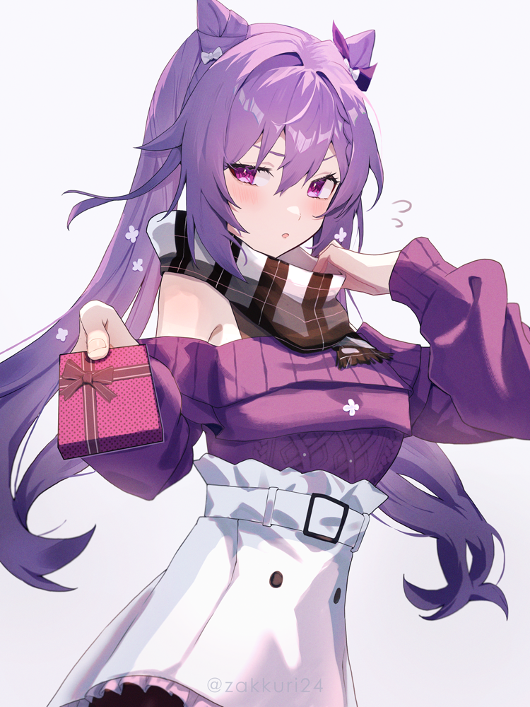 1girl, adjusting_scarf, artist_name, bare_shoulders, braid, checkered_clothes, checkered_scarf, clothing_cutout