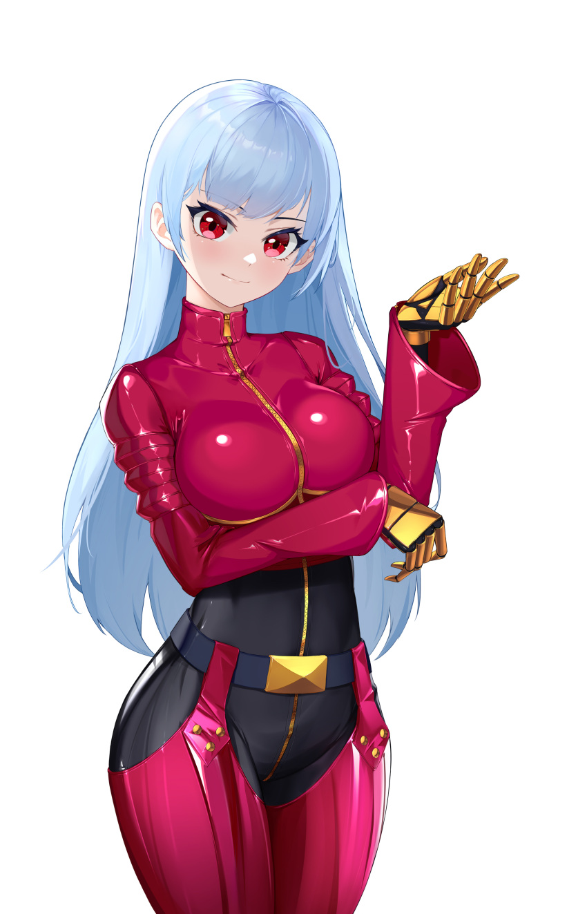 1437823832, 1girl, absurdres, bangs, belt, blue_hair, bodysuit, breasts, cowboy_shot, gloves, highres, kula_diamond, long_hair, looking_at_viewer, medium_breasts, simple_background, smile, the_king_of_fighters, turtleneck, violet_eyes, white_background, zipper