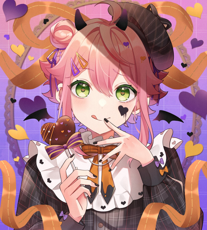 1boy, :q, ahoge, androgynous, bangs, bat_wings, black_headwear, black_horns, black_nails, black_shirt, black_wings, blush, bow, bowtie, buttons, closed_mouth, commentary_request, demon_horns, ensemble_stars!, eyelashes, facial_mark, fingernails, frilled_shirt_collar, frills, gradient_background, green_eyes, hair_between_eyes, hair_bun, hair_ornament, hair_ribbon, hairclip, halloween, hands_up, hat, heart, heart_facial_mark, highres, himemiya_tori, horns, licking_lips, long_sleeves, looking_at_viewer, male_focus, mini_hat, nail_polish, orange_bow, orange_bowtie, orange_ribbon, pink_hair, purple_background, purple_bow, purple_ribbon, ribbon, shino_(sinotaro_), shirt, short_hair, sidelocks, simple_background, single_hair_bun, single_side_bun, smile, solo, tilted_headwear, tongue, tongue_out, upper_body, wings