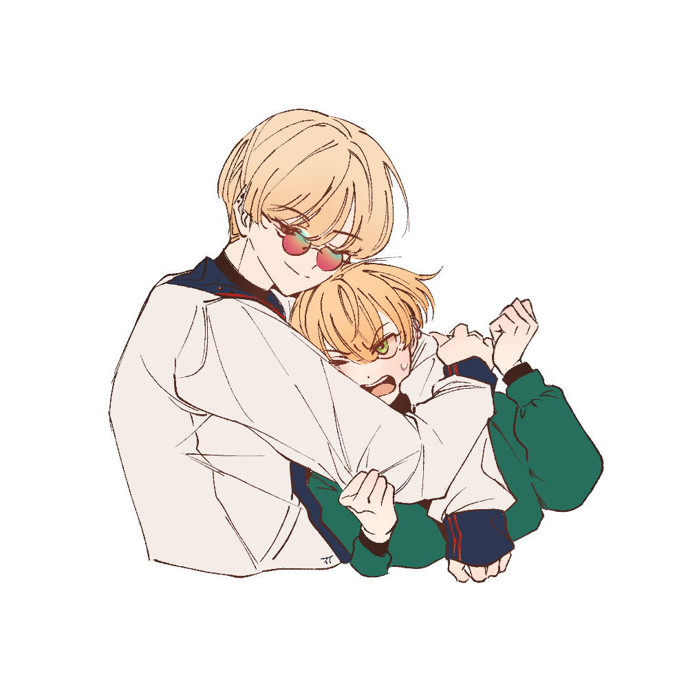 2boys, angry, blonde_hair, brothers, brown_eyes, closed_mouth, green_eyes, green_jacket